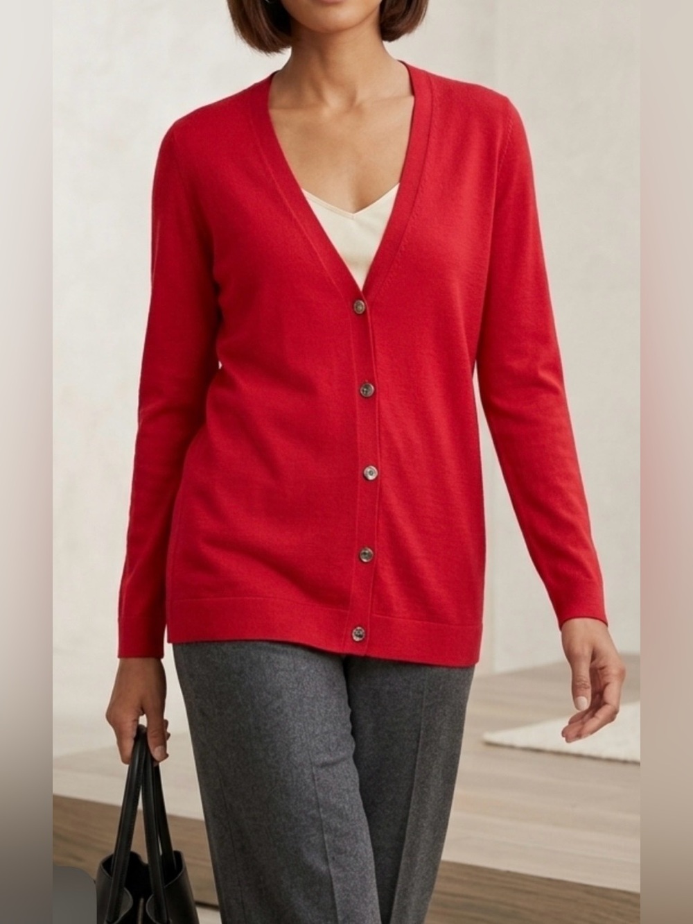 Eileen Fisher Red V-Neck Button Cardigan